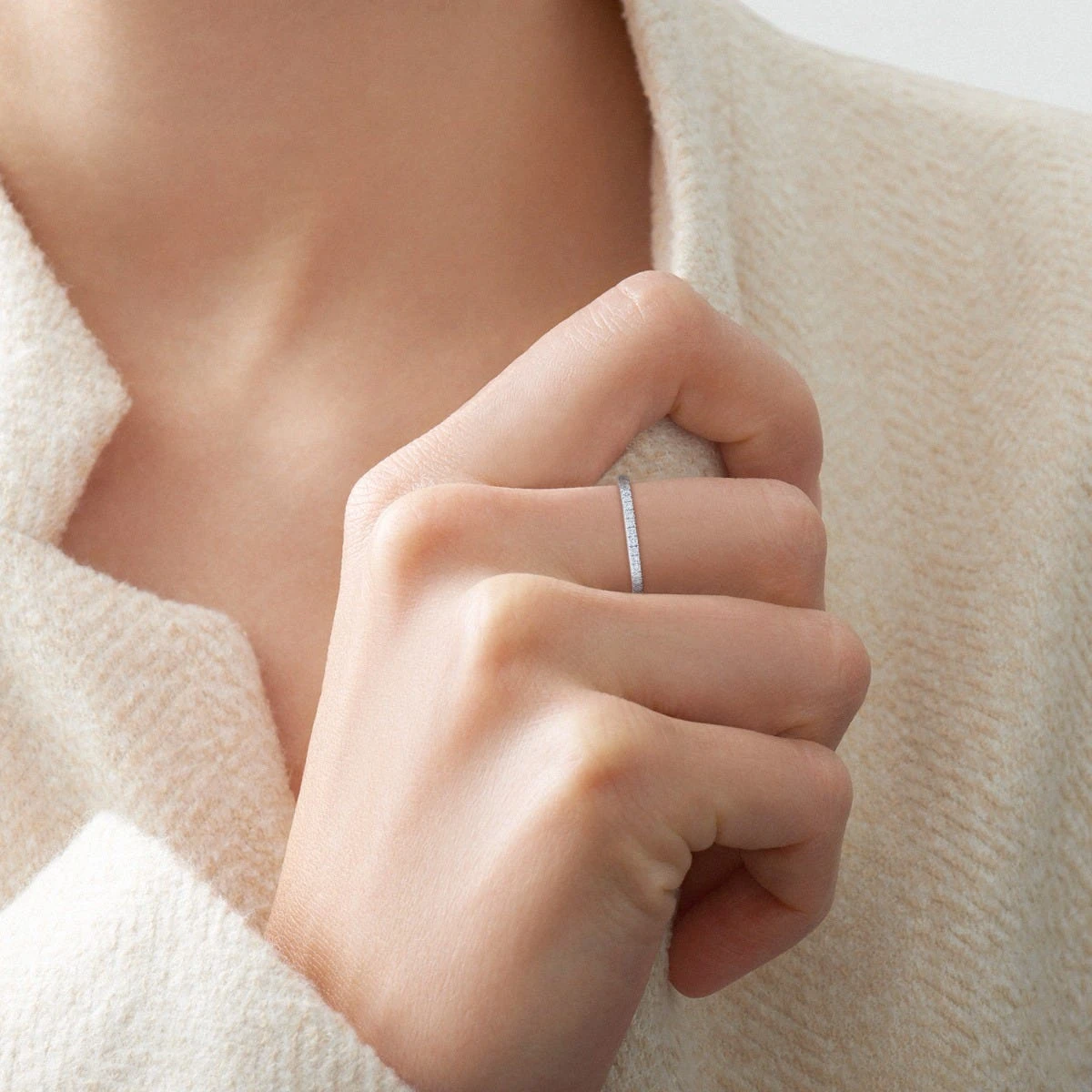 Stackable Slim Ring With Diamonds, Platinum 4 Stackable Slim Ring With Diamonds, Platinum - Image 2