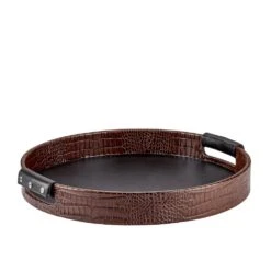 Round Crocodile Embossed Leather Tray, Brown