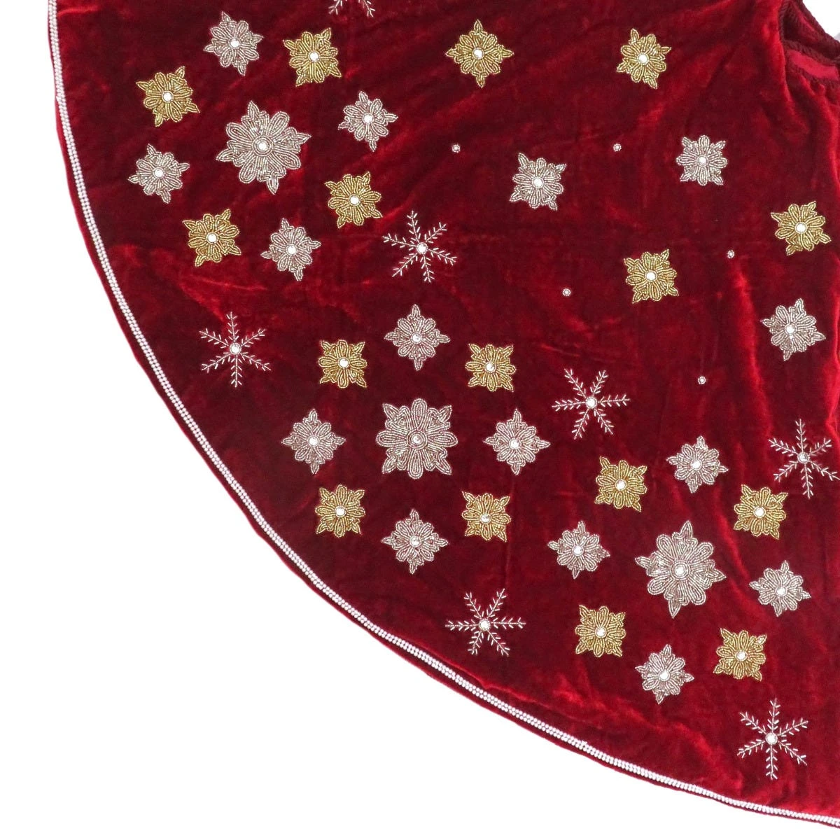 Red Velvet Tree Skirt With Gold Beaded Snowflakes & Pearls 3 Red Velvet Tree Skirt With Gold Beaded Snowflakes & Pearls