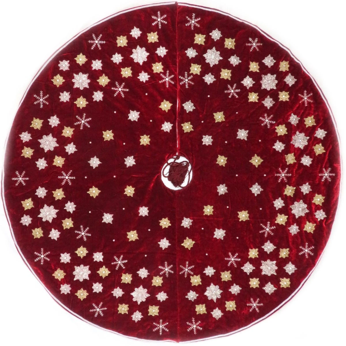 Red Velvet Tree Skirt With Gold Beaded Snowflakes & Pearls 4 Red Velvet Tree Skirt With Gold Beaded Snowflakes & Pearls - Image 2