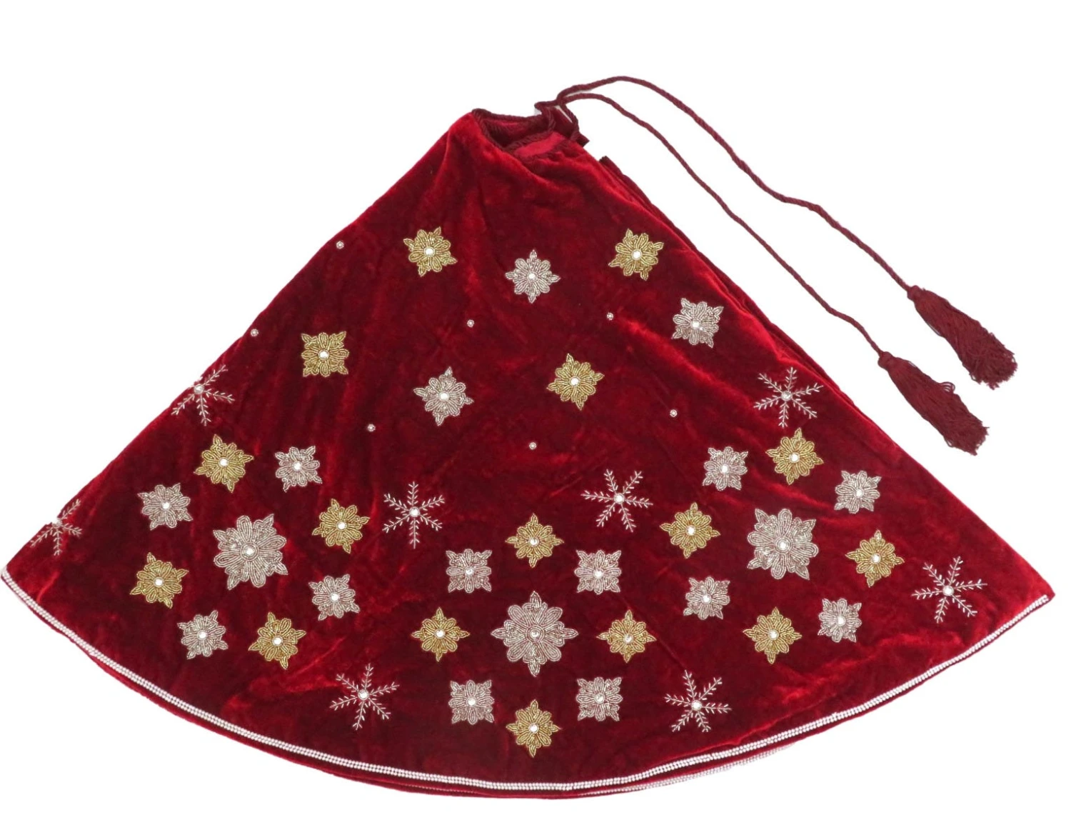 Red Velvet Tree Skirt With Gold Beaded Snowflakes & Pearls 5 Red Velvet Tree Skirt With Gold Beaded Snowflakes & Pearls - Image 3