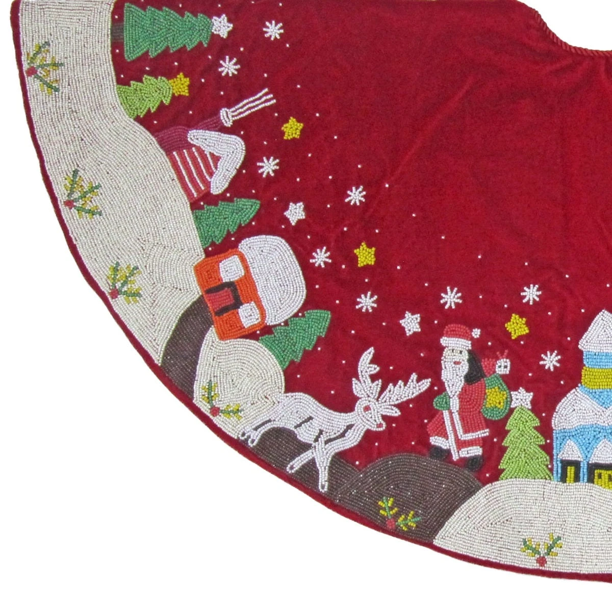 Red Beaded Santa Scenes Tree Skirt, Mini 3 Red Beaded Santa Scenes Tree Skirt, Mini