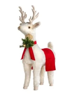 White Reindeer Footrest With Bright Red Trim