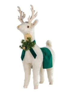 White Reindeer Footrest, Emerald Trim
