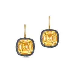 Cushion Citrine Silver & Gold Collet Drop Earrings