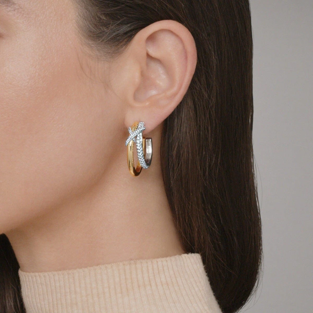 XO Two-Tone Diamond Hoop Earring 4 XO Two-Tone Diamond Hoop Earring - Image 2