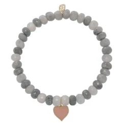 Mystic Gray Silverite Rondelle Enamel Heart Charm Bracelet